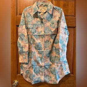 NWT! A Rare Bird hydrangea Floral Button-Up Shirt Dress in Teal & cream sz small